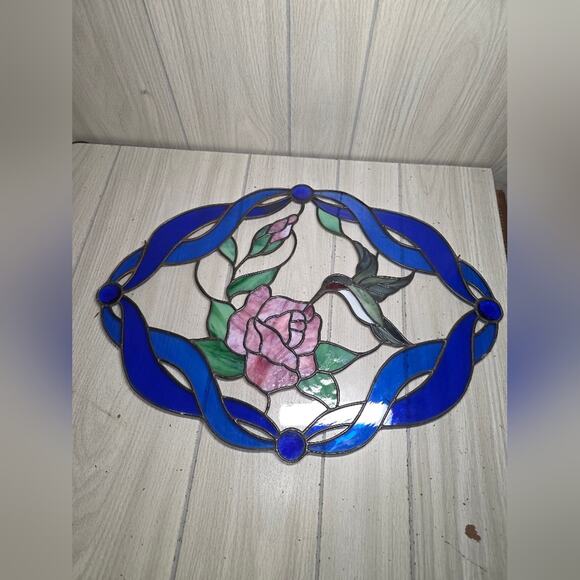 Vtg Humming Bird And Rose Stained Glass Oval Leaded Antique? 16x22" Read - Picture 7 of 13